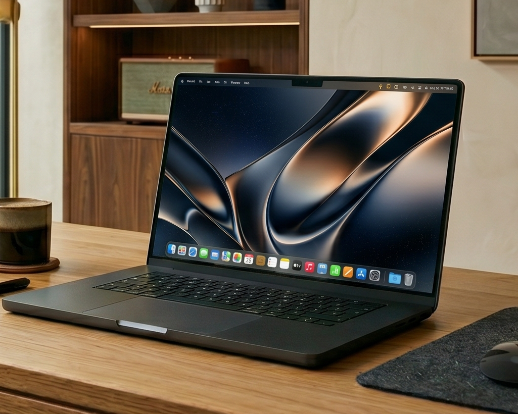 ProductiveBot Laptop on a wooden desk with a modern interior background