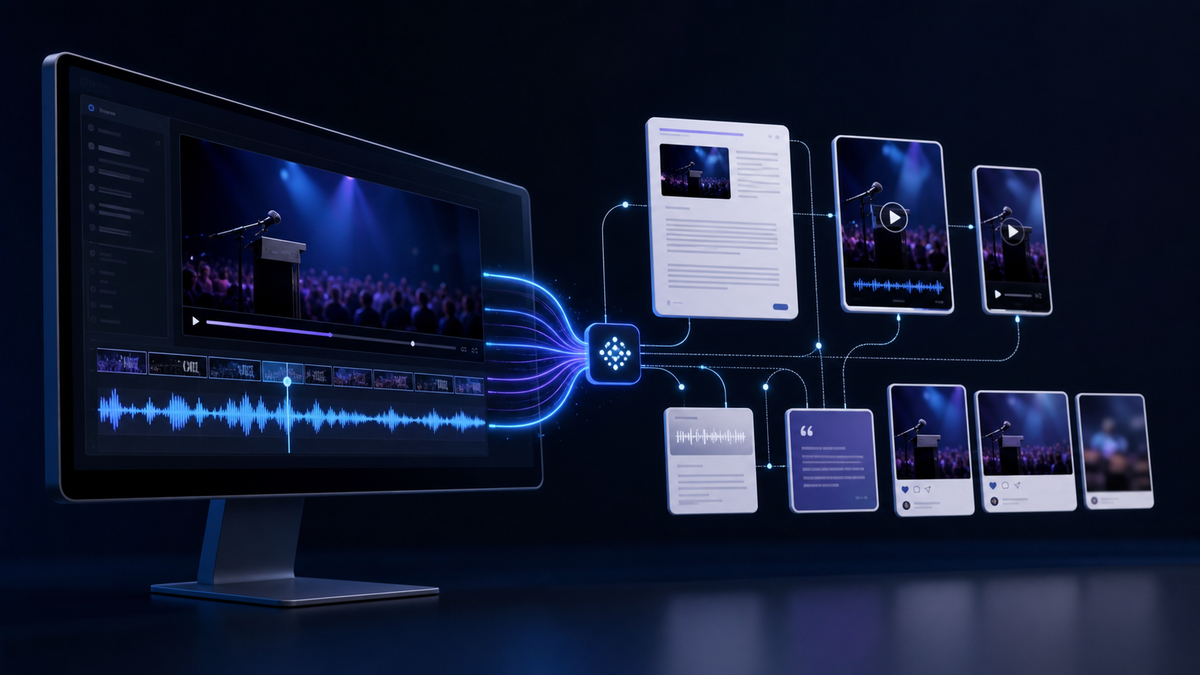 AI workflow turns a YouTube recording into articles, clips, and social content