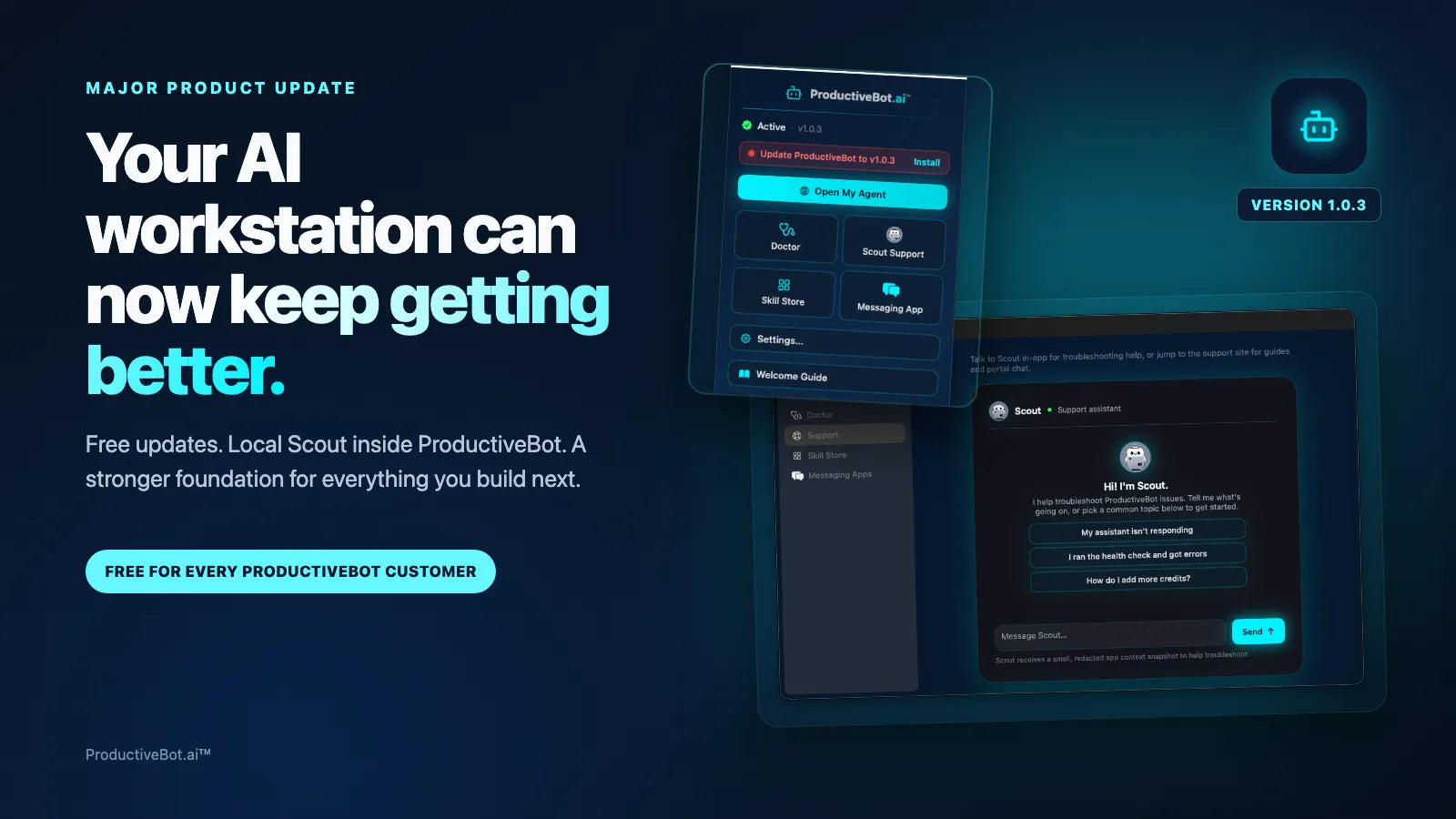 ProductiveBot 1.0.3 with the new update notification and Local Scout inside the Mac app