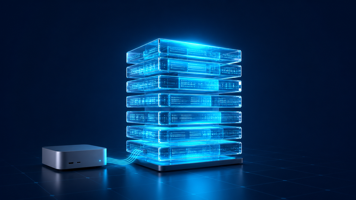 Business memory visualized as a luminous persistent data archive connected to ProductiveBot.