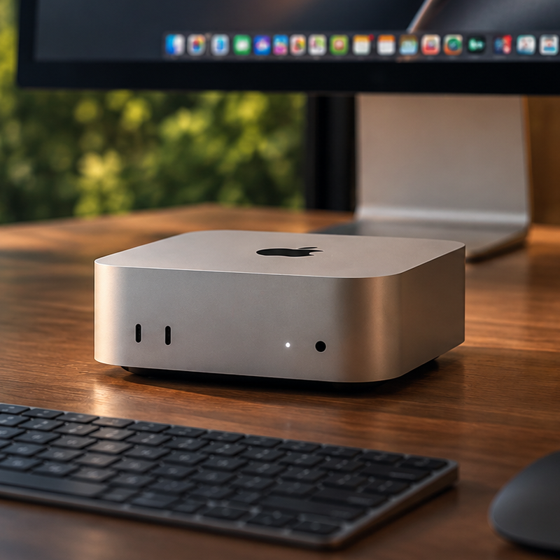 Mac mini M6 on a wooden desk with keyboard and display