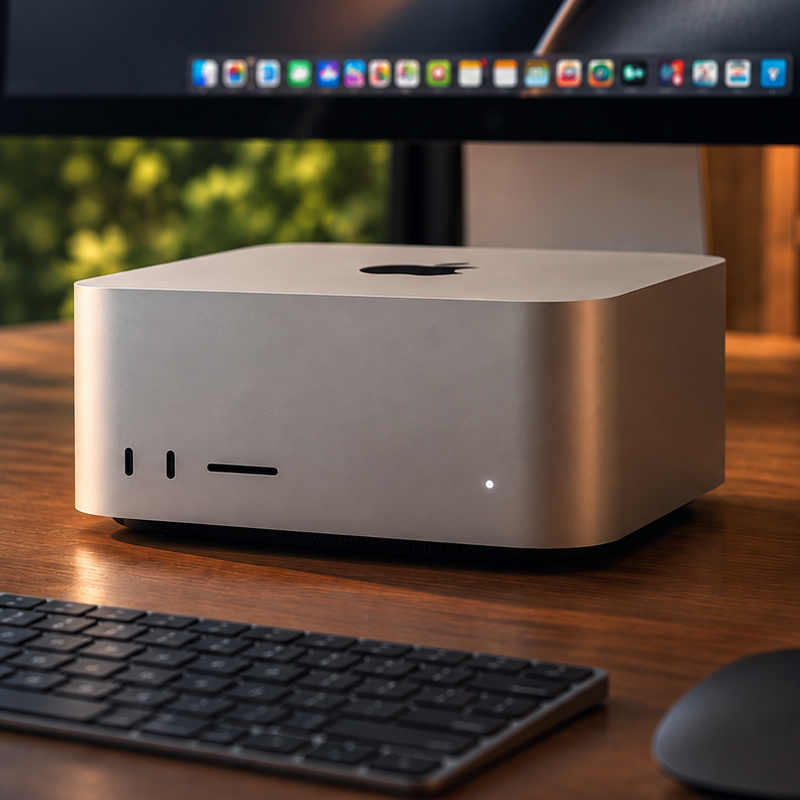 Mac Studio on a wooden desk with keyboard and display