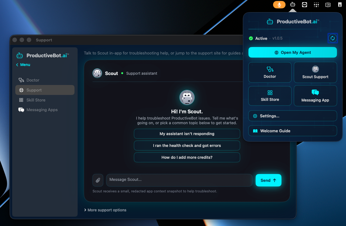 ProductiveBot Agent System app on a Mac