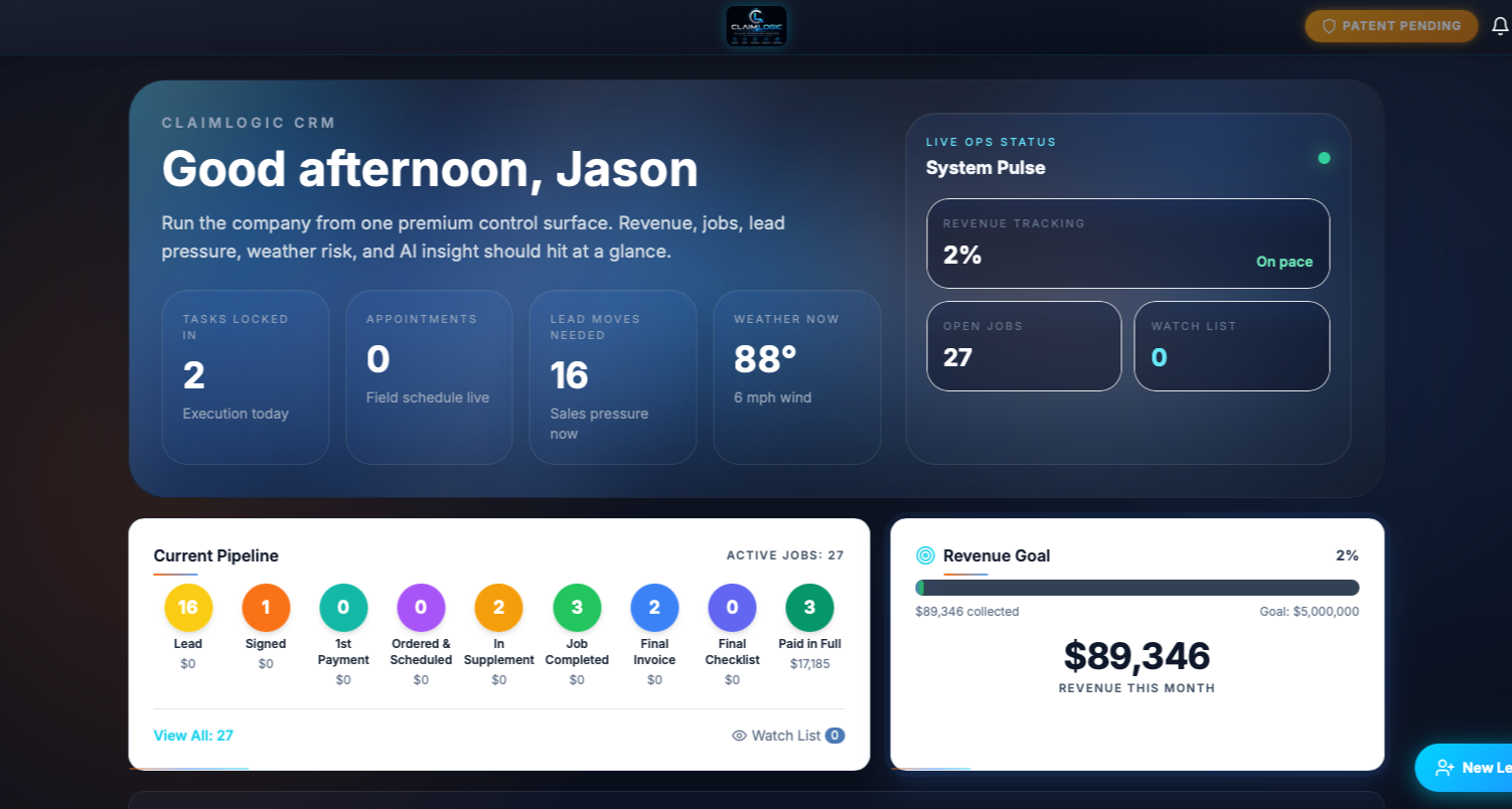 ClaimLogic CRM dashboard tailored to Jason's roofing business