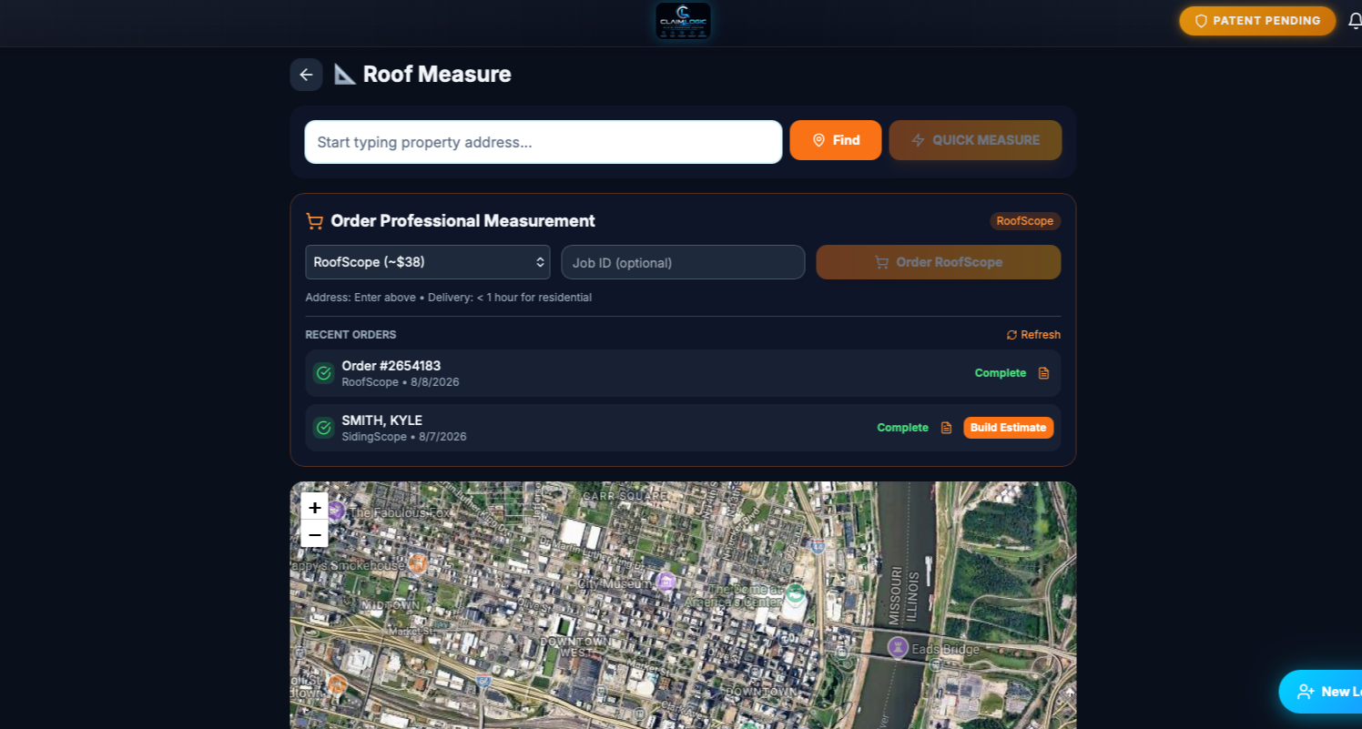 ClaimLogic roof measurement workflow with address search, order status, and map