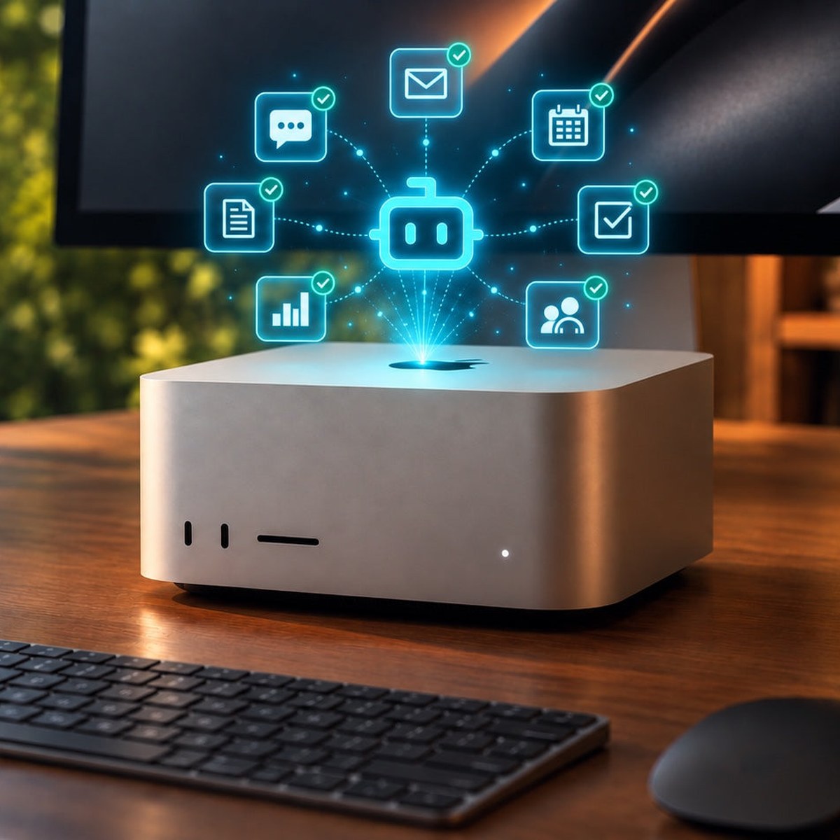 A Mac Studio running ProductiveBot on a desk, with a hologram of email, calendar, and task icons above it